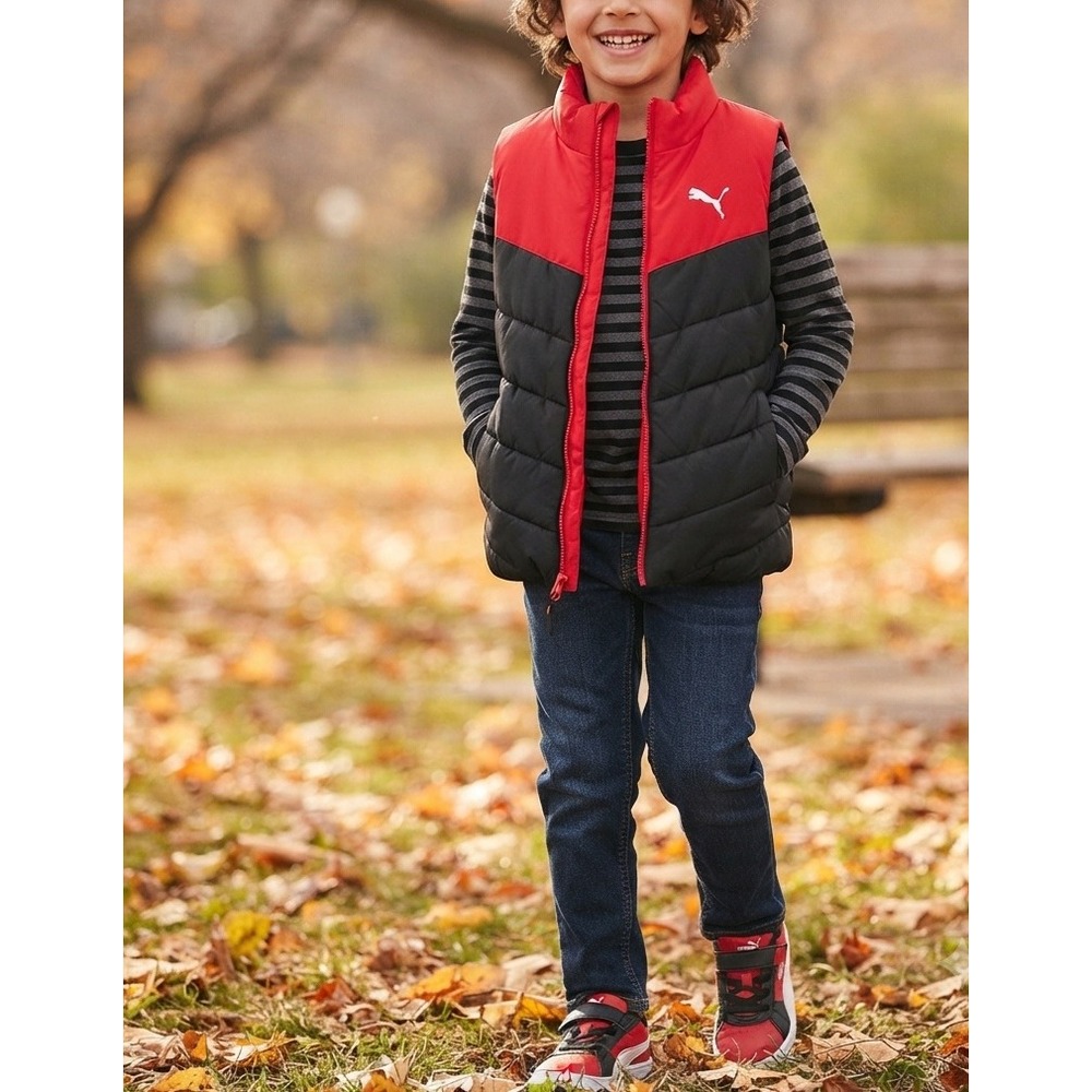 Puma Boys Puffer Vest Red Black Colorblock Quilted Full Zip Size M 10/12